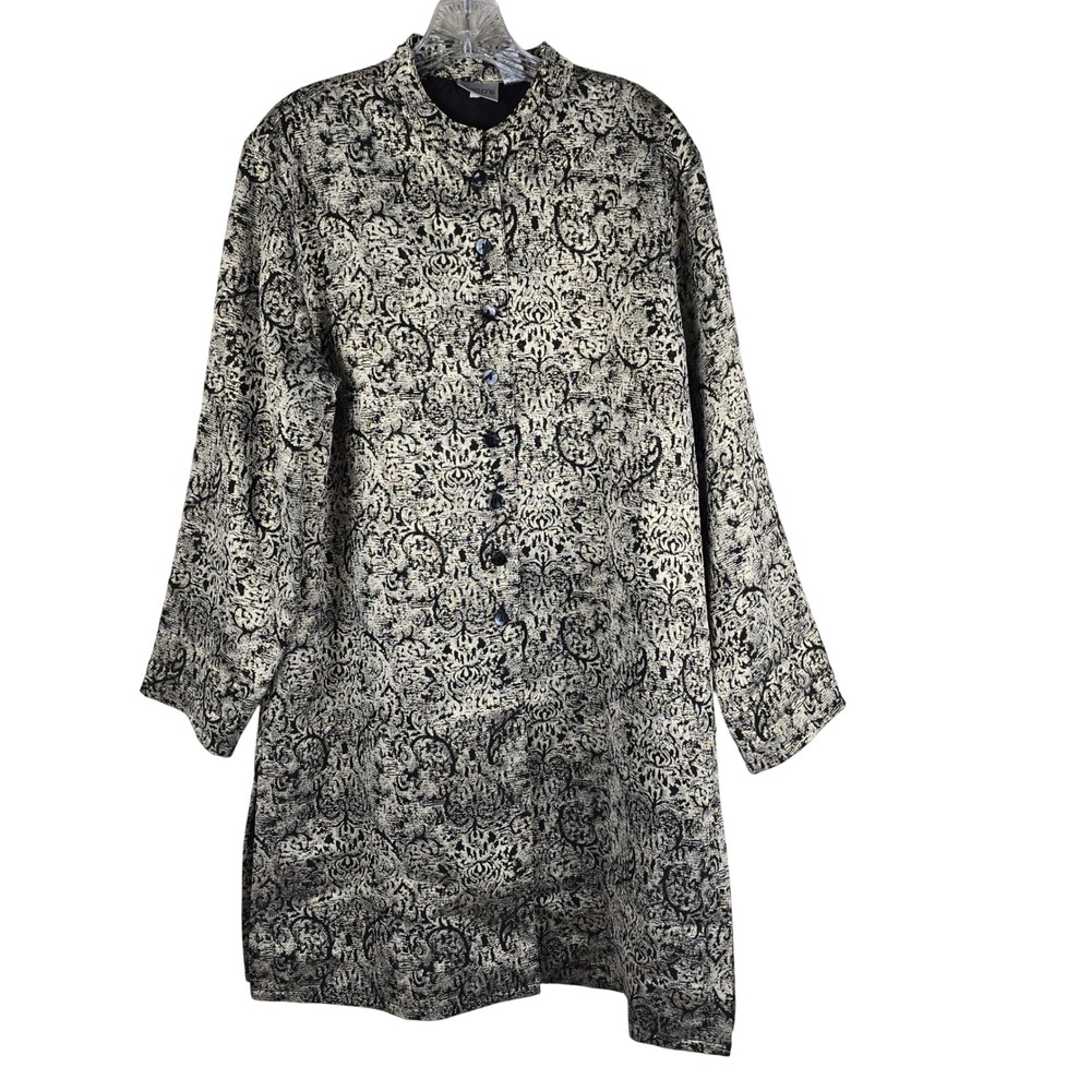 Chico's Metallic Gold Black‎ Damask Jacket Silk Lined Size 2 Large Longline